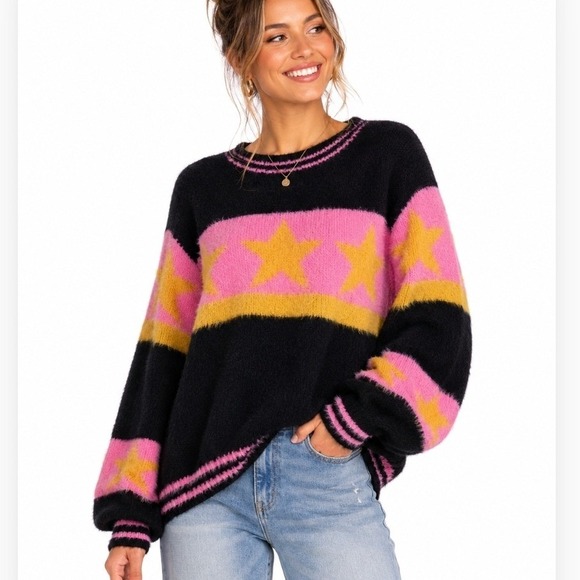 POL Sweaters - POL Star Sweater Medium Pink Mustard Oversized Y2K Statement Knit